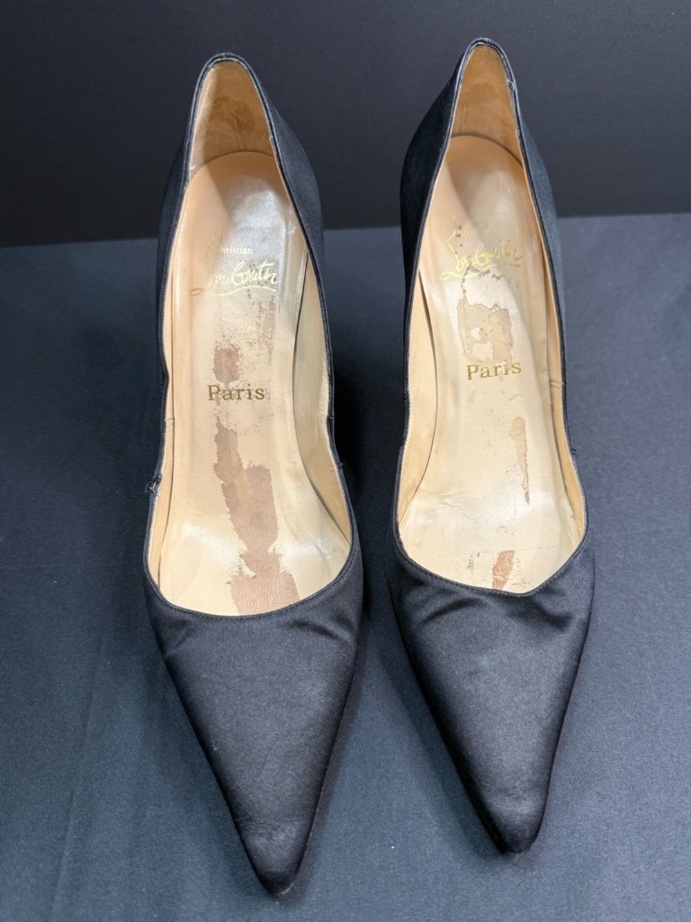 Christian Louboutin Black Satin Pointy Toe Pump Red Bottom 40